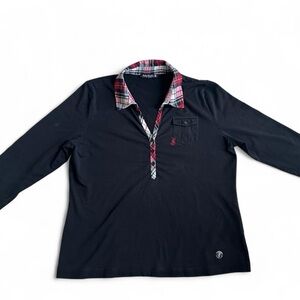 Betty Barclays black shirt with red plaid collar